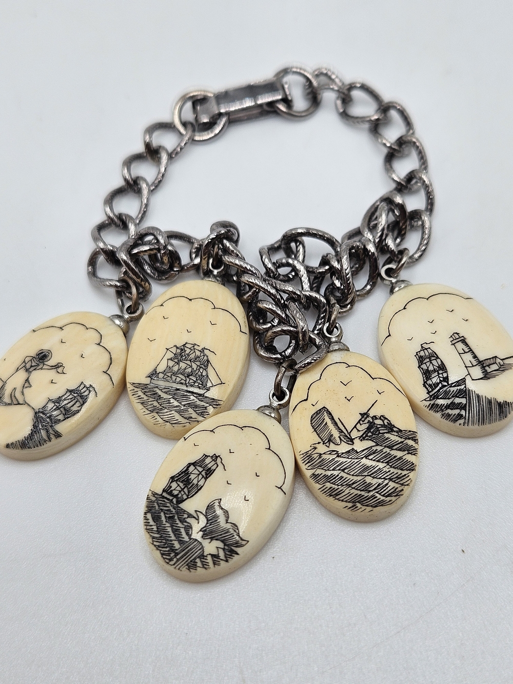 VINTAGE Scrimshaw Tall Sailing Ship Storytelling Charm Silver Tone Bracelet